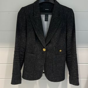 Smythe blazer - black with white specs, gold button details and leather elbows.